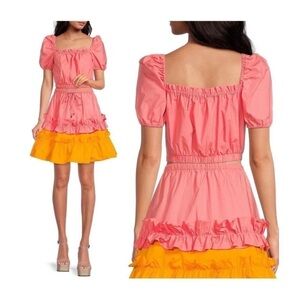 LDT Women's Coral Pink Puff Sleeve Crop Top Off the Shoulder Milk Maid Blouse